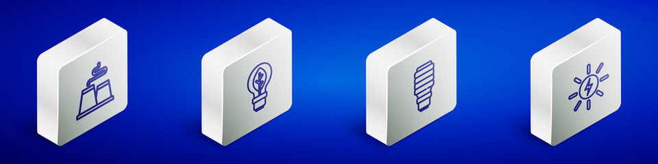 Set Isometric line Factory, Light bulb with leaf, LED light and Solar energy panel icon. Vector