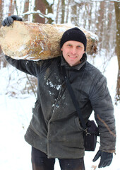 peasant in winter with firewood. Woodcutter.