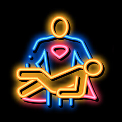 Hero Holds on Hands Human neon light sign vector. Glowing bright icon Hero Holds on Hands Human sign. transparent symbol illustration