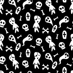 Happy Halloween-seamless pattern with set of characters-bats, zombies, ghosts, skulls. Textured background for greeting card, invitation, party poster, banner