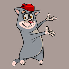 cartoon gray cat in a red cap shows two paws to the side