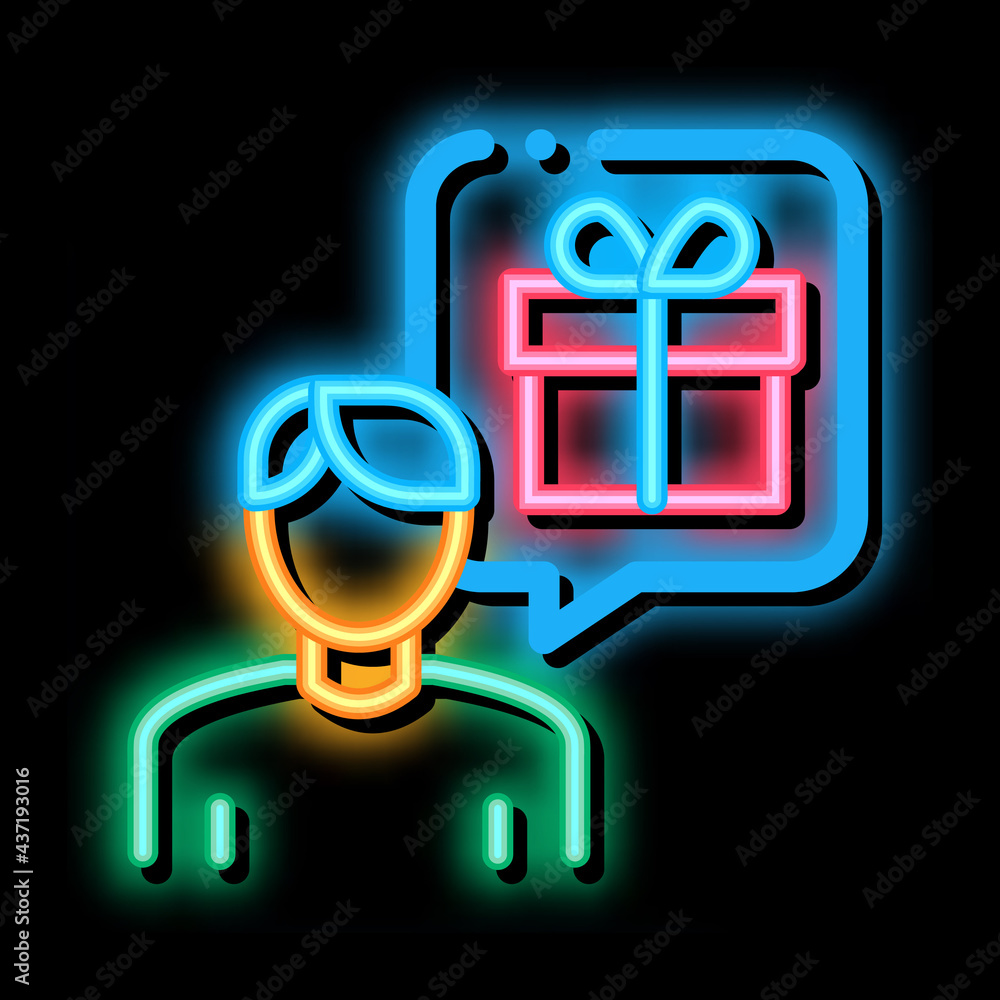 Wall mural Man with Gift Thought neon light sign vector. Glowing bright icon Man with Gift Thought sign. transparent symbol illustration