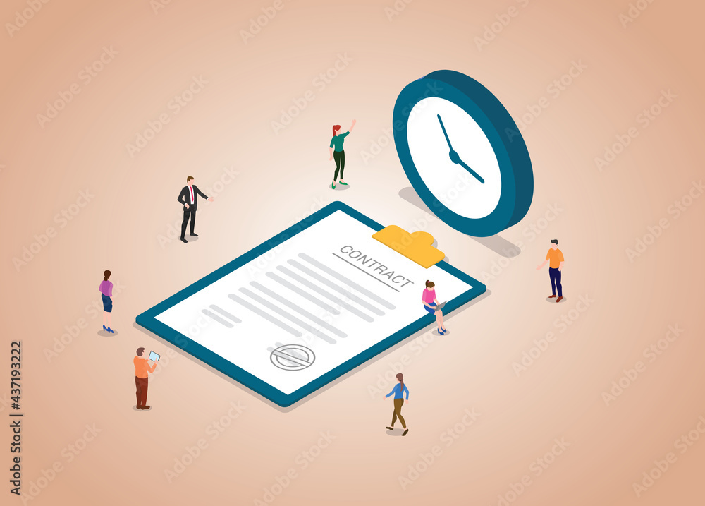 Poster temprorary contract concept with people and contracts document and time clock with modern flat isome