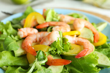 Shrimp salad with different ingredients, close up