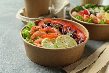 Concept of tasty eating with shrimp salad, close up