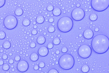 Water drops on purple background texture. Backdrop glass covered with drops of water.  violet bubbles in water