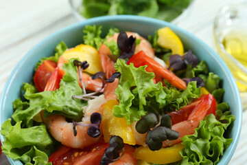 Shrimp salad with different ingredients, close up