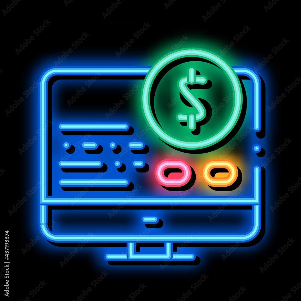 Poster money report on computer neon light sign vector. glowing bright icon money report on computer sign. 