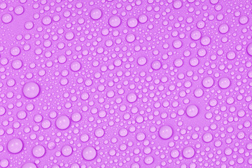 Water drops on purple background texture. Backdrop glass covered with drops of water.  violet bubbles in water
