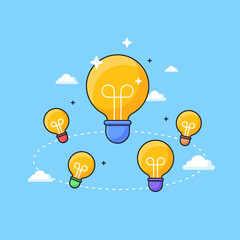 multiple idea team work brainstorming visual concept design with light bulb and cloud vector illustration
