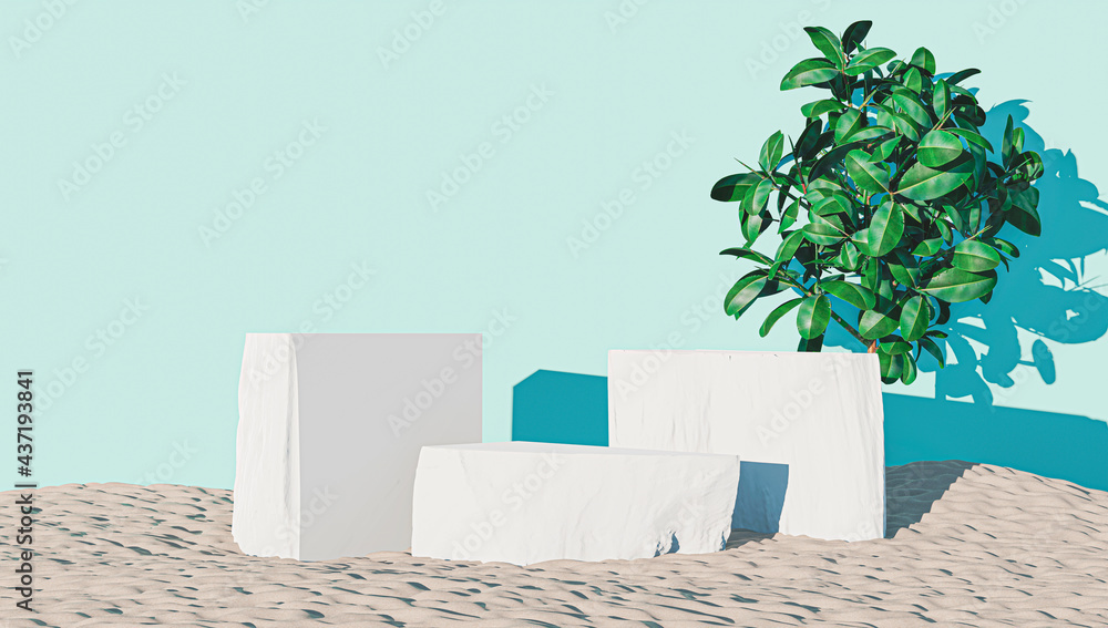 Poster 3d rendering of product display on stone and blue background with shadows of plants in the backgroun