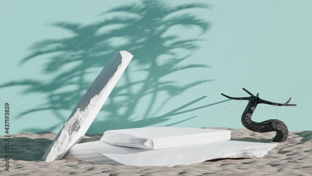 Poster 3d rendering of product display on stone and blue background with shadows of plants in the backgroun