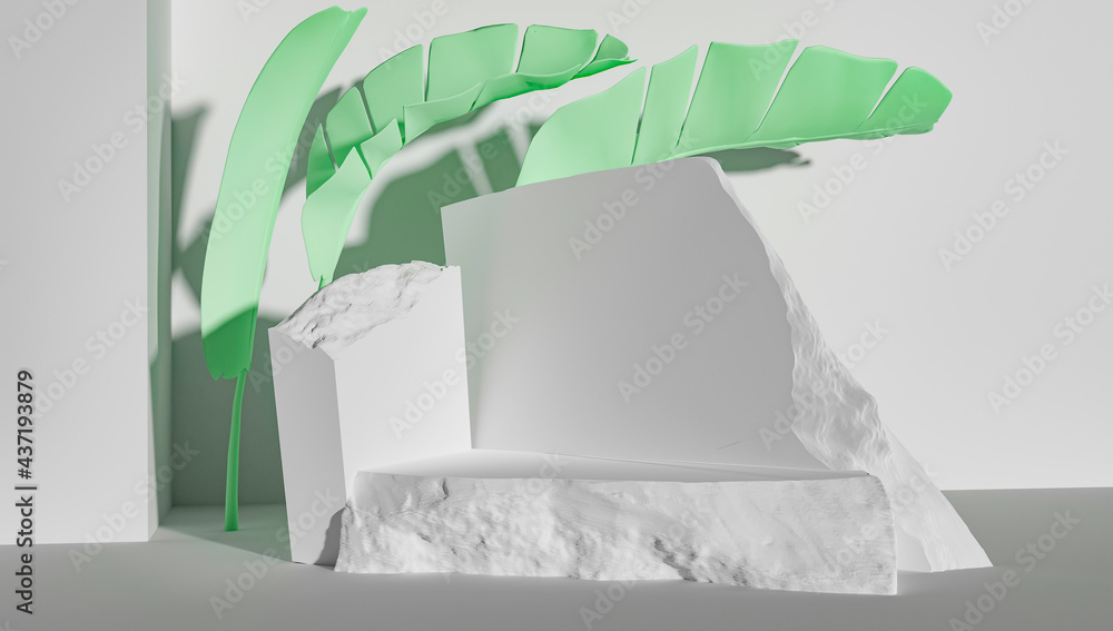 Poster 3d rendering of product display on stone and blue background with shadows of plants in the backgroun