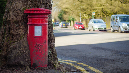 Photo of a 120-year old traditional British post box being swallowed up by a tree