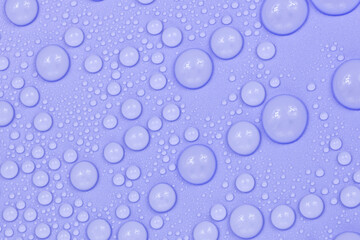 Water drops on purple background texture. Backdrop glass covered with drops of water.  violet bubbles in water