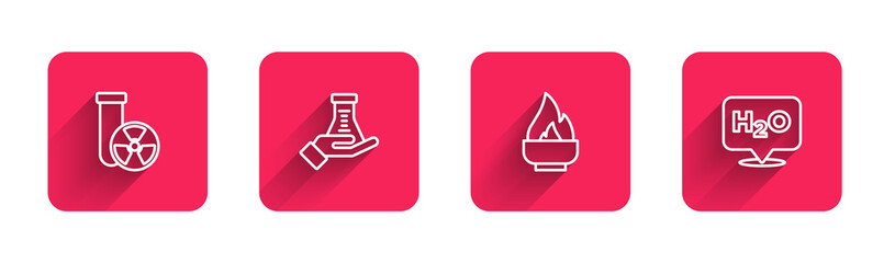 Set line Test tube radiation, and flask, Alcohol or spirit burner and Chemical formula for H2O with long shadow. Red square button. Vector