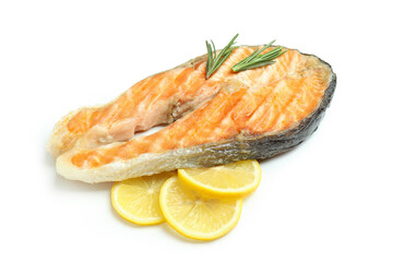 Tasty grilled salmon isolated on white background