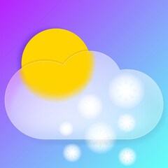 Glass morphism 3d illustration. Cloudy sky vector icon: sun covered with clouds, snow. Icon for mobile devices, mobile applications in the style of glass morphism.