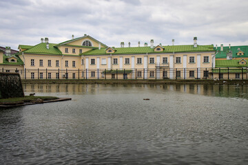 White pond in Sergiev Posad on a foggy autumn day