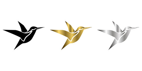 three color black gold silver Vector illustration on a white background of flying hummingbirds Suitable for making logos