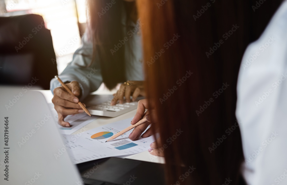 Poster close up business people discuss to working with using tablet and for searching information stock ma