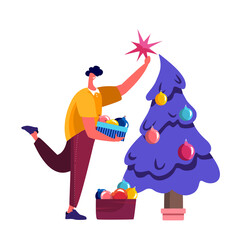Merry Christmas and Happy Holidays. Man holding a box with festive balls Stand on Chair Decorate Christmas Tree Indoors Put Star on Spruce Top Before Xmas. New Year Cartoon Flat Vector Illustration