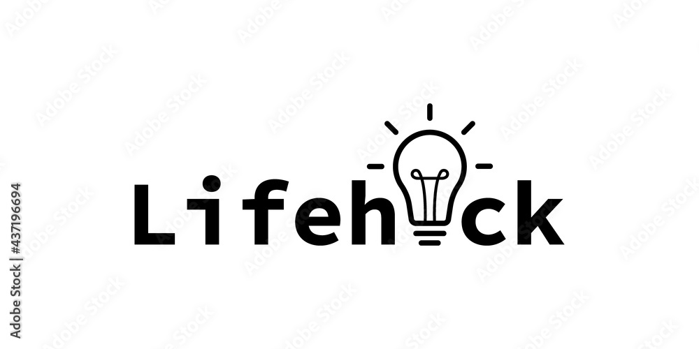 Poster lifehack text expression with light bulb. life hacks, tips and tricks. light bulb with rays. vector 