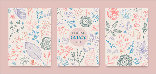 Set of vector abstract creative universal artistic templates - doodle hand drawn flowers, leaves. Use for poster, card, invitation, flyer, cover, banner, placard, brochure, graphic design.