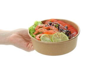Female hand holds shrimp salad, isolated on white background