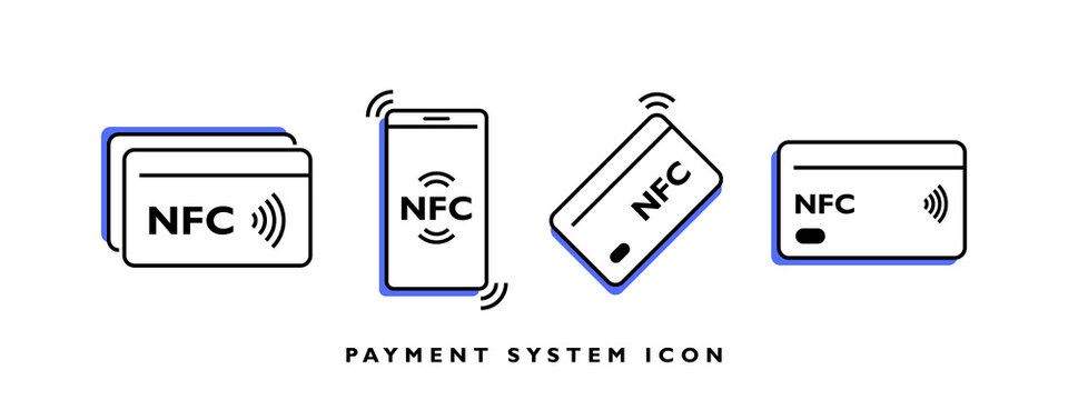 Set of NFC wireless payment linear icons. Tap to pay with credit card. Smart NFC technology for fast payment. Vector illustration