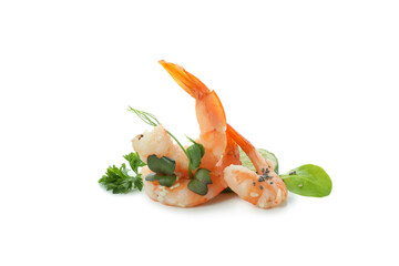 Shrimps with herbs isolated on white background