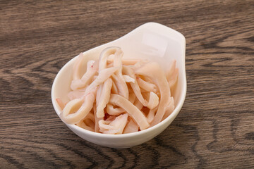 Marinated squid slices in the bowl