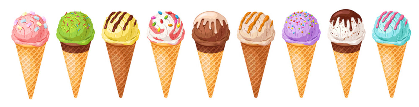 Colorful ice cream set.Tasty summer dessert.Ice-cream scoop and waffle cone with different toppings. Vector illustration of seasonal healthy food for takeout, café, bar menu, banner.