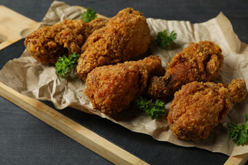 Concept of tasty eating with fried chicken on dark wooden background