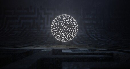 Glowing ball in the center of the maze atmospheric lighting 3d illustration
