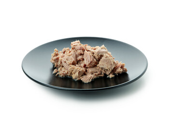 Plate with canned tuna isolated on white background