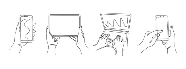 Doorlopende lijn handen met gadgets. Een lijn vrouwelijke handen met behulp van telefoons laptop en tablet. Vector monoline set