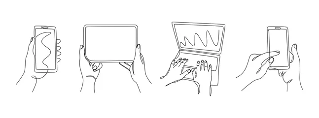 Foto auf Acrylglas Eine Linie Kontinuierliche Linienzeiger mit Gadgets. Einzeilige weibliche Hände mit Telefonen, Laptops und Tablets. Vektor-Monolin-Set