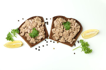 Sandwiches with canned tuna on white background