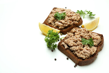 Sandwiches with canned tuna on white background