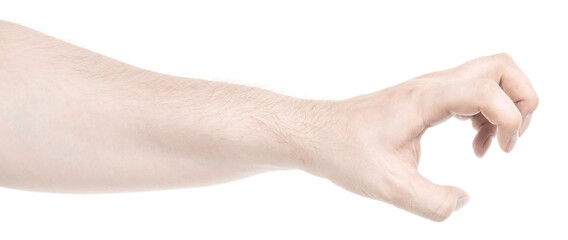 Male caucasian hands  isolated white background showing  gesture holds something or takes, gives. man hands showing different gestures