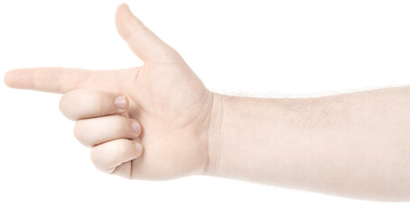 Male caucasian hands  isolated white background showing  gesture points finger to something or someone.  man hands showing different gestures. forefinger
