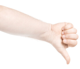 Male caucasian hands  isolated white background showing  gesture thumb up, approval.  man hands showing different gestures