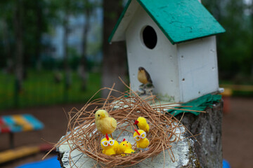 Chickens in the nest. Chickens are made of wool.