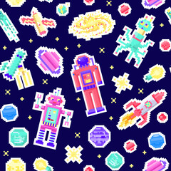 Space stars Seamless pattern. Alien spaceman, robot rocket and satellite cubes solar system planets pixel art, digital vintage game style. Mercury, Venus, Earth, Mars, Jupiter. icons composition.