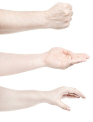 Multiple images set male caucasian hands isolated white background showing different gestures. Collage of hands of a man