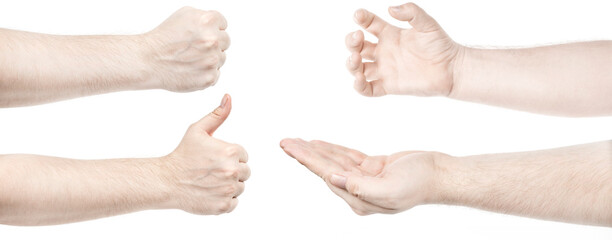 Multiple images set male caucasian hands isolated white background showing different gestures. Collage of hands of a man