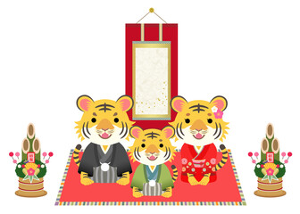 2022年　寅年　挨拶する和装のトラの家族と掛け軸 【文字なし】