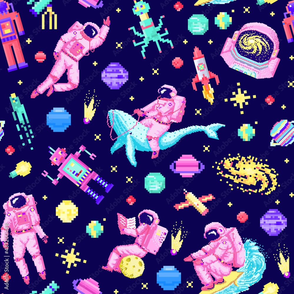 Poster space stars seamless pattern. alien spaceman, robot rocket and satellite cubes solar system planets 