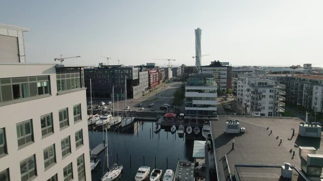Calatrava skyscraper Turning Torso in Malmö. Sweden, aerial shot, rooftops